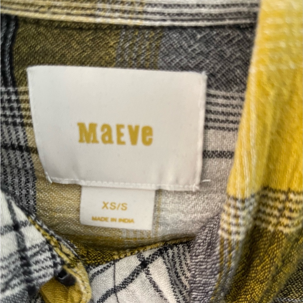 🔥 Maeve Plaid Embroidered Button Down Shirt XS/S – Yellow Black Hi-Low Tunic Top - Picture 5 of 12
